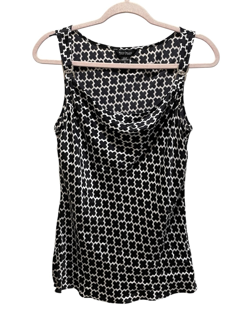 White House Black Market black and white cowl neck silk stretch tank top. Size M